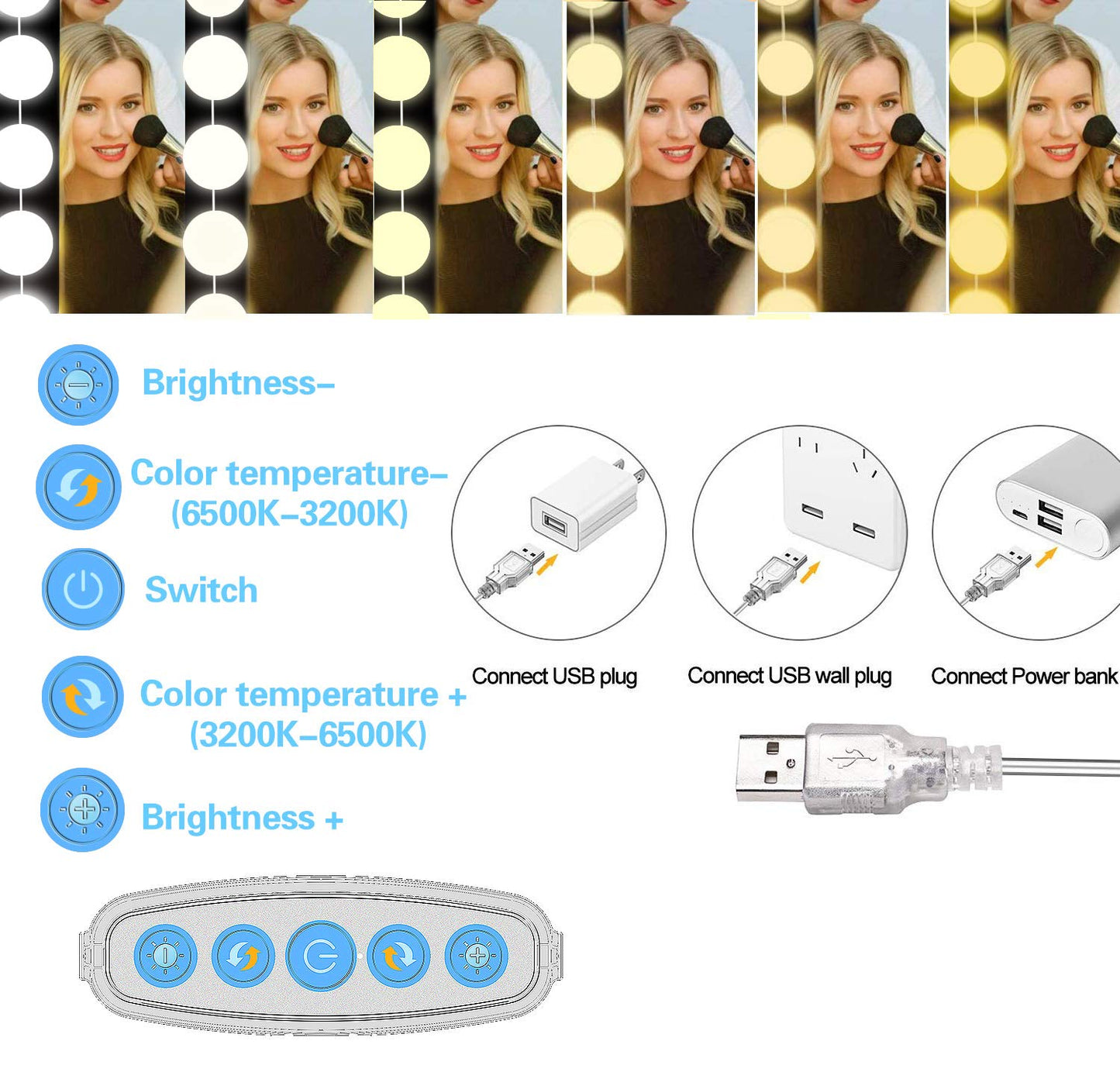 SICCOO Hollywood Style Vanity Mirror Lights, 10 Dimmable LED Bulbs, USB Powered, DIY Makeup Dressing Table & Bathroom Lighting Strip