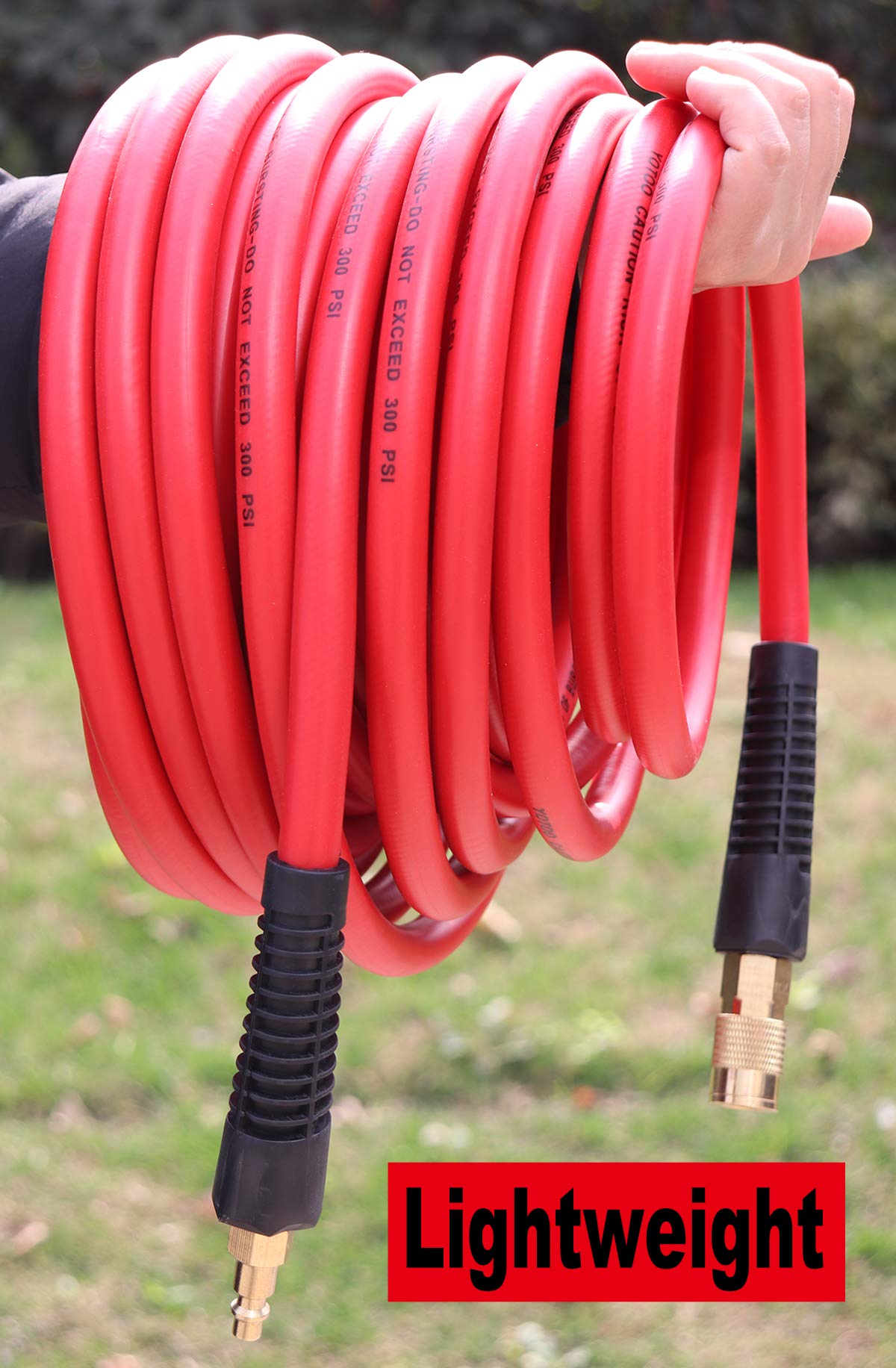 YOTOO 3/8" x 50ft Hybrid Air Hose, 300 PSI Heavy Duty, Kink-Resistant, All-Weather Flexible, Red with Brass Fittings & Bend Protectors