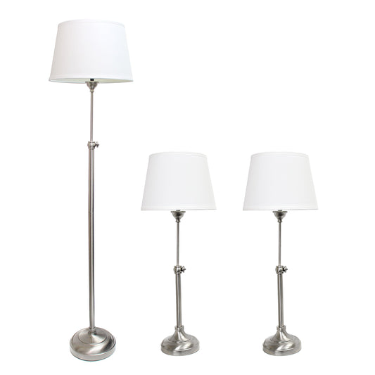 Elegant Designs LC1017-BSN Brushed Nickel Adjustable 3 Pack Lamp Set with White Fabric Shades, 1 Floor Lamp and 2 Table Lamps