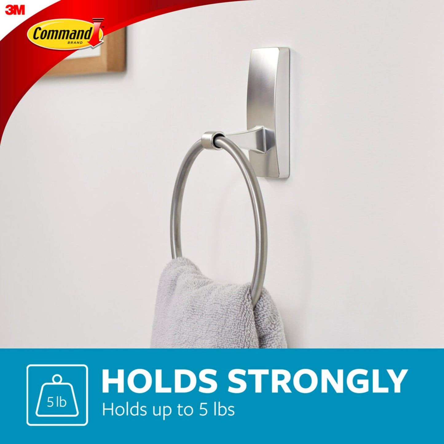 Command Hand Towel Holder Satin Nickel with Water Resistant Command Strips, Rust Resistant Bathroom Organizer, Holds up to 5 lbs
