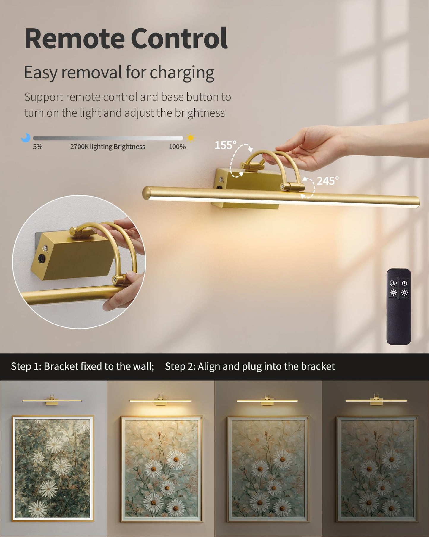 **KDG 24” LED Cordless Picture Light with Remote, 7000mAh Rechargeable Dimmable Art Light, Adjustable Swing Arm, Bronze**