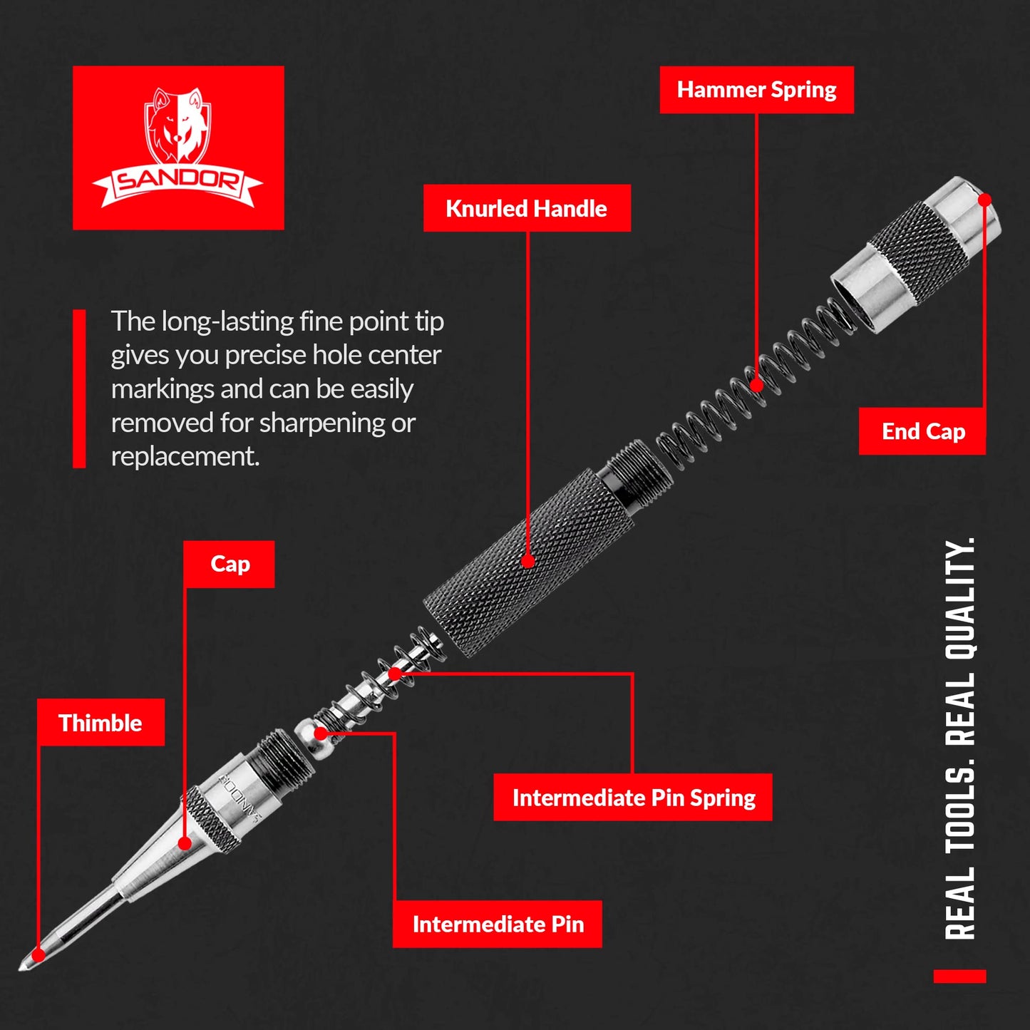 Heavy Duty Automatic Center Punch - 2-Pack Spring-Loaded Steel Hand Tool for Machinists & Carpenters with Adjustable Knurled Cap & Case