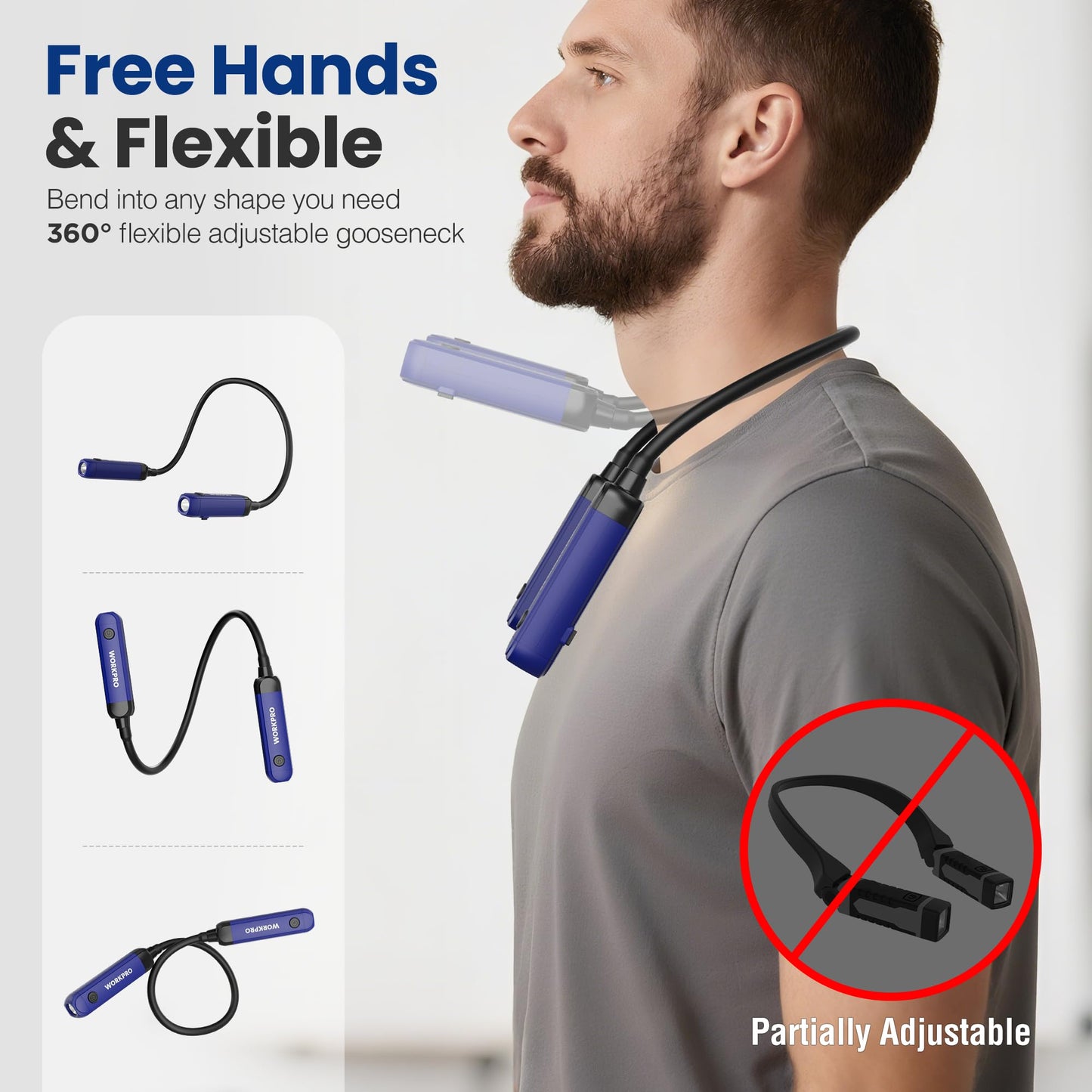 WORKPRO Rechargeable Neck Light – 300 Lumens, 3 Brightness Levels, Bendable Silicone Arm, Hands-Free for Reading, Camping, DIY, Blue/Black