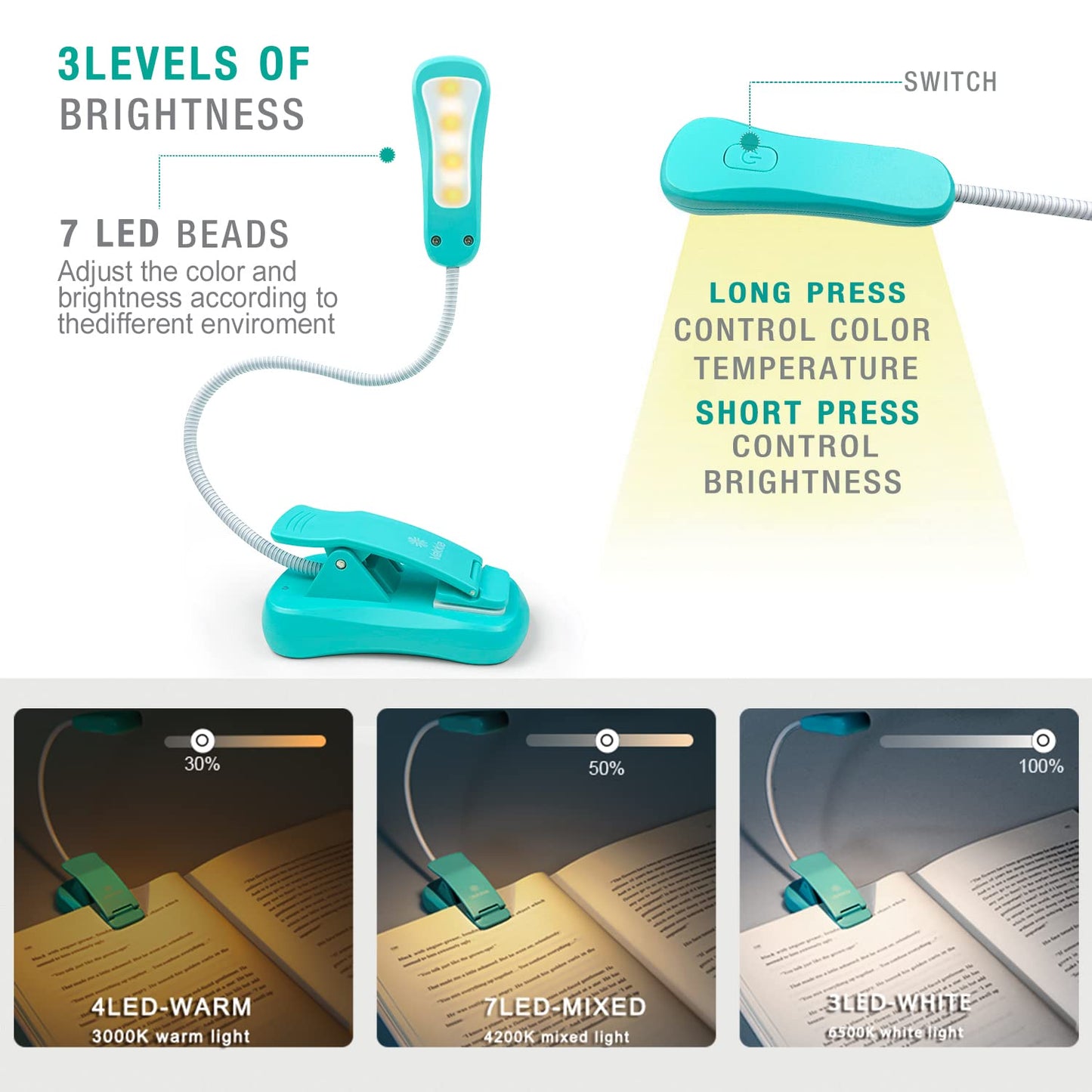 Vekkia Rechargeable Book Light, 3 Colors & 3 Brightness Levels, Lightweight, Up to 70H, Ideal for Reading, Travel – Blue
