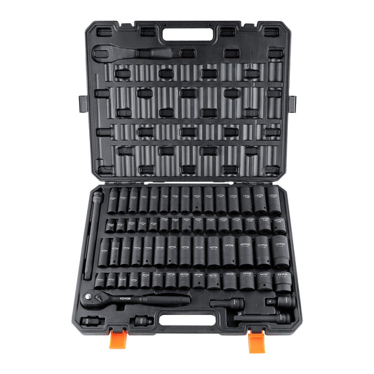 VEVOR 65-Piece 1/2" Drive Impact Socket Set, SAE & Metric 3/8"-1-1/4"/10-24mm, 6-Point Cr-V Steel, Auto Repair with Case
