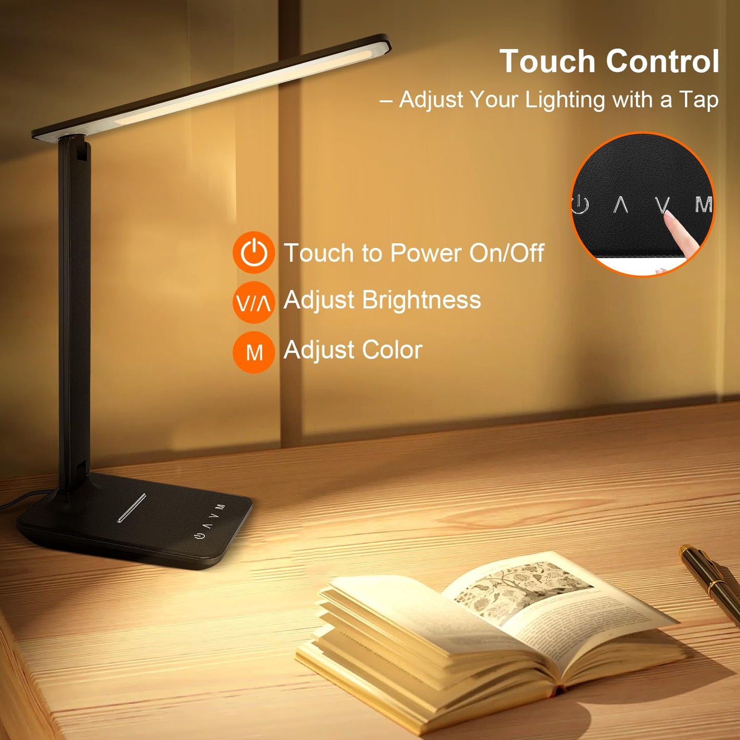 Shinelife LED Desk Lamp for Home & Office, Touch Control, Adjustable Brightness & 5 Modes, USB Charging, Dimmable Study & Craft Light, Black