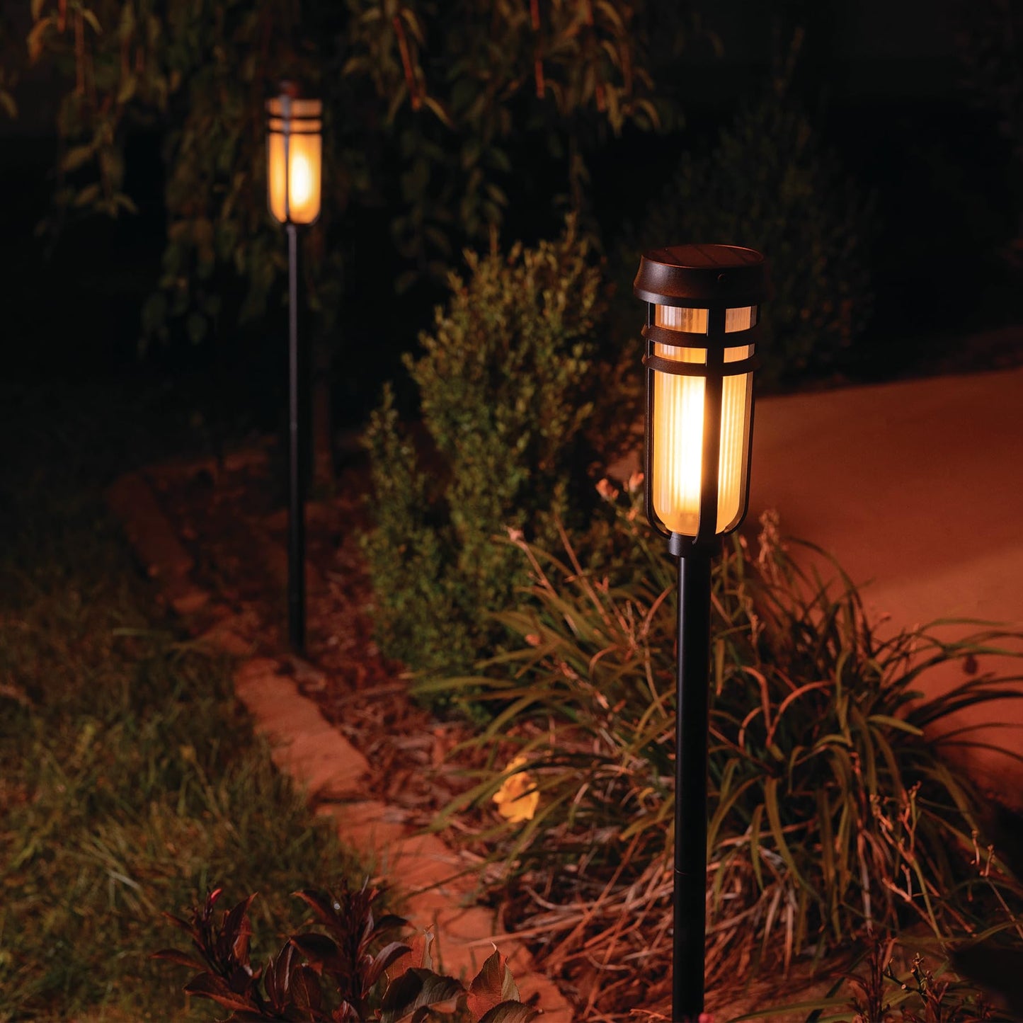 Metal Solar Torch Lights 2-Pack, Adjustable 24"-50", Waterproof LED Tiki Torches for Outdoor Yard, Patio, Garden Pathway – Matte Black