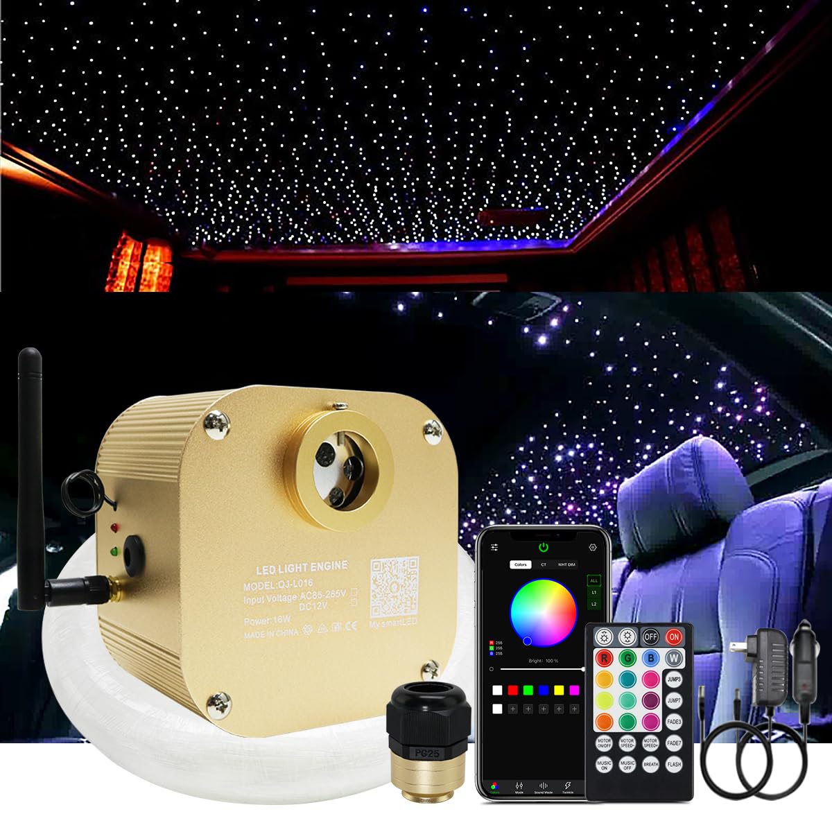 AKEPO 16W RGBW Fiber Optic Star Lights Kit, 550pcs 13.1ft, Music Sync, App & Remote, Car/Home Headliner