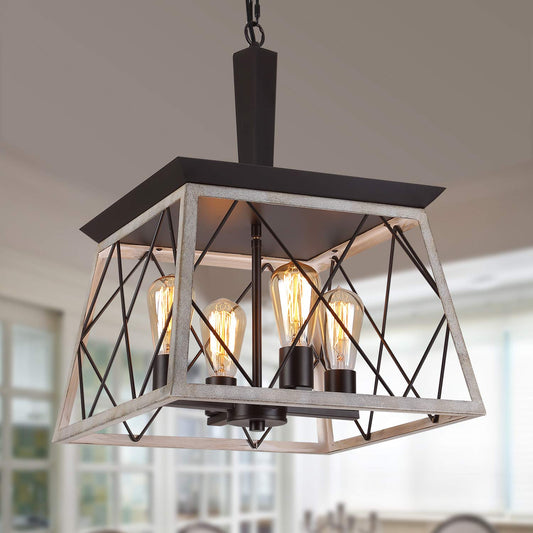 Q&S Farmhouse Vintage Chandelier – Rustic Industrial Pendant Light, 4-Light Wrought Iron & Oak White Fixture for Kitchen & Dining