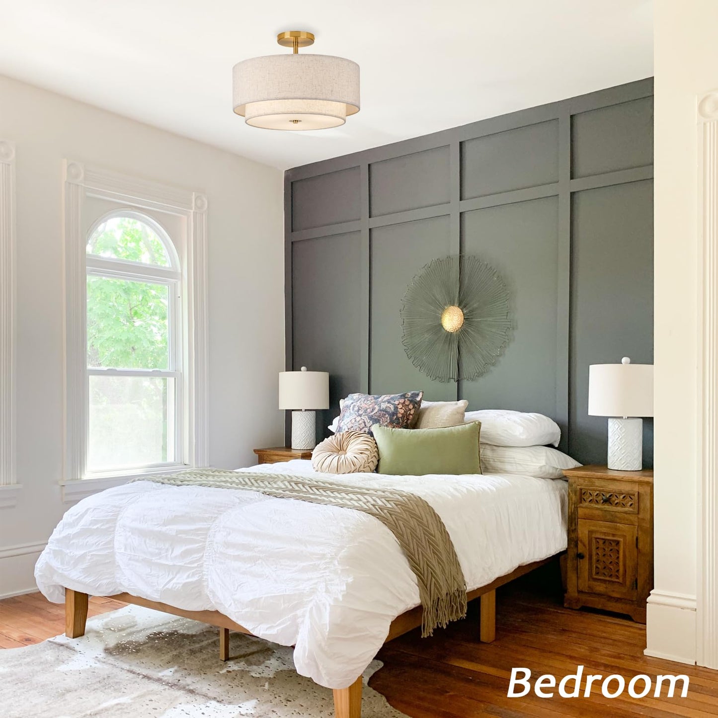 CALOKES 16" Double Drum Gold 3-Light Semi-Flush Ceiling Light with Fabric Linen Shade for Living Room, Bedroom, Kitchen & Hallway