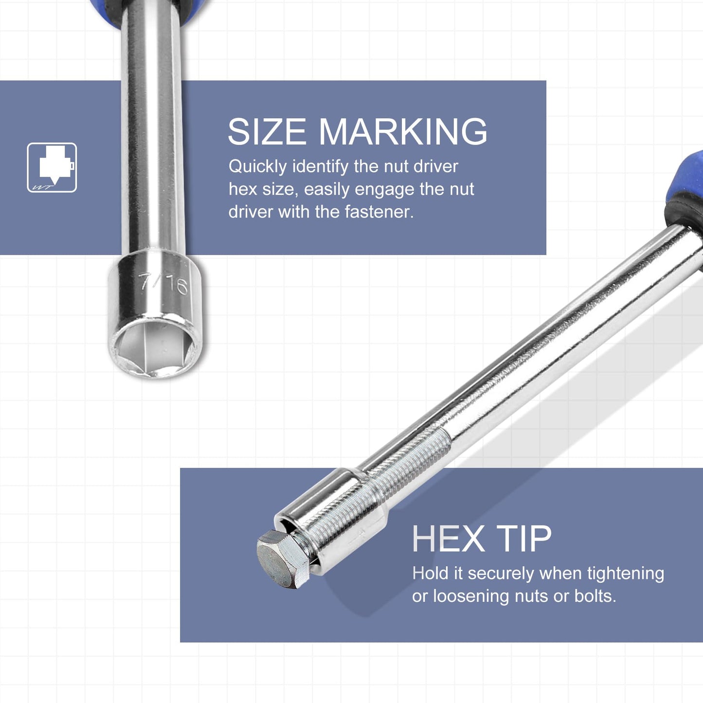 WOTAHI 7-Piece SAE Hex Nut Driver Set, 3/16–1/2 in Sizes, 3.5 in Shaft with 1 in Hollow & 2.5 in Solid Design