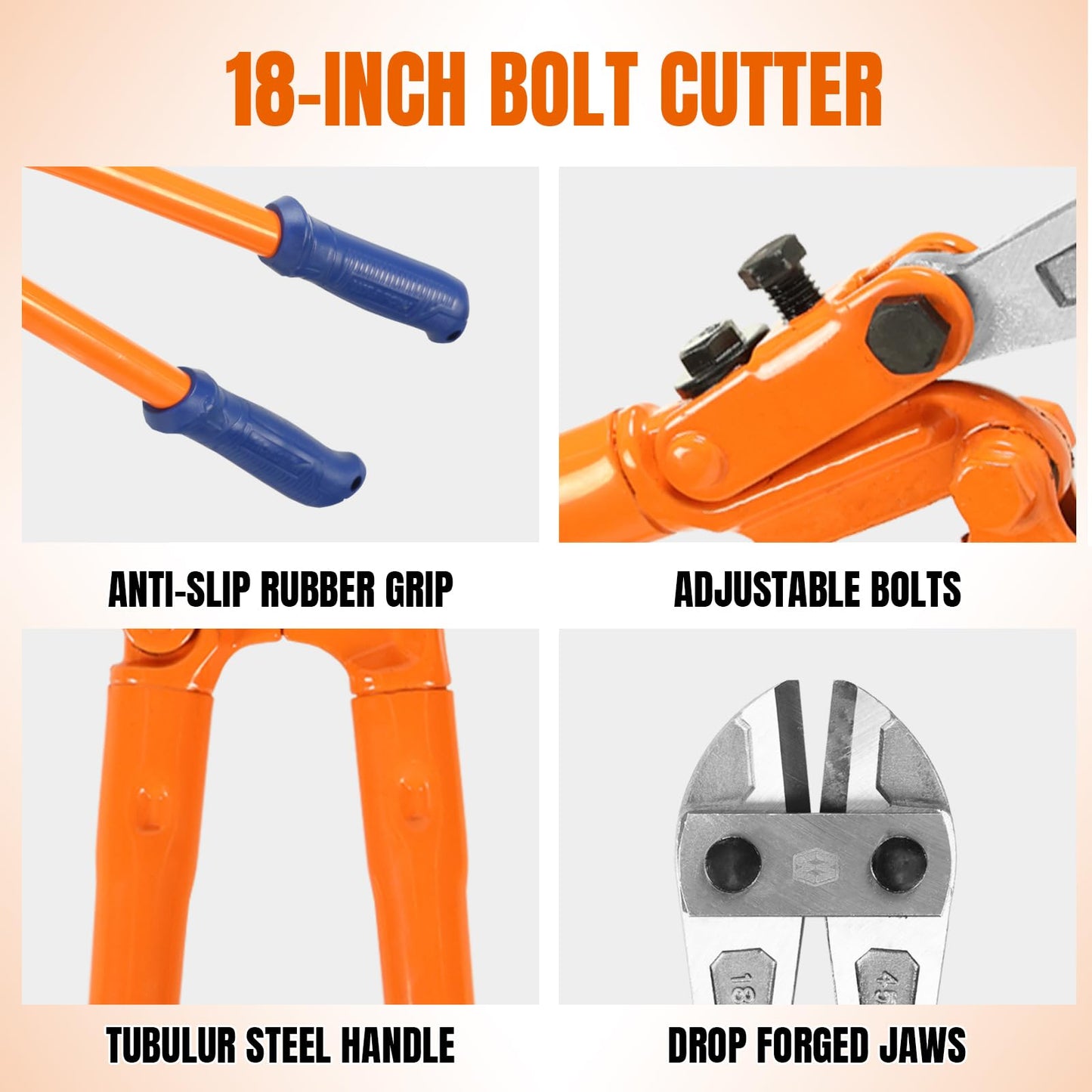 WADFOW 18" Bolt Cutter, Heavy-Duty Medium Cutters with Ergonomic Soft Grip Handle for Fence, Wire, Chain, Screws, Rivets & Padlocks