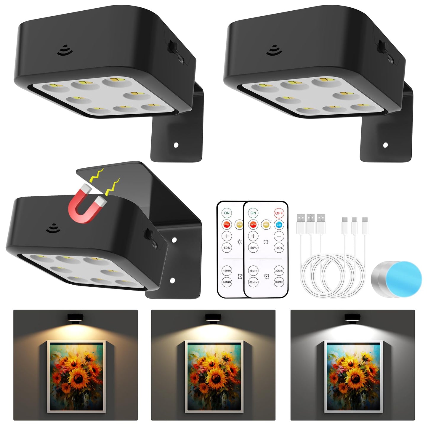 3-Pack Rechargeable Picture Lights for Wall | Wireless Magnetic Frame Lights with 3 Modes, Remote & Timer (Black)