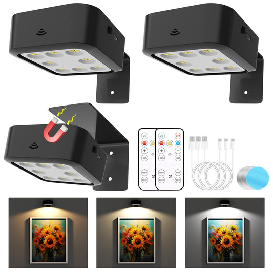 3-Pack Rechargeable Picture Lights for Wall | Wireless Magnetic Frame Lights with 3 Modes, Remote & Timer (Black)