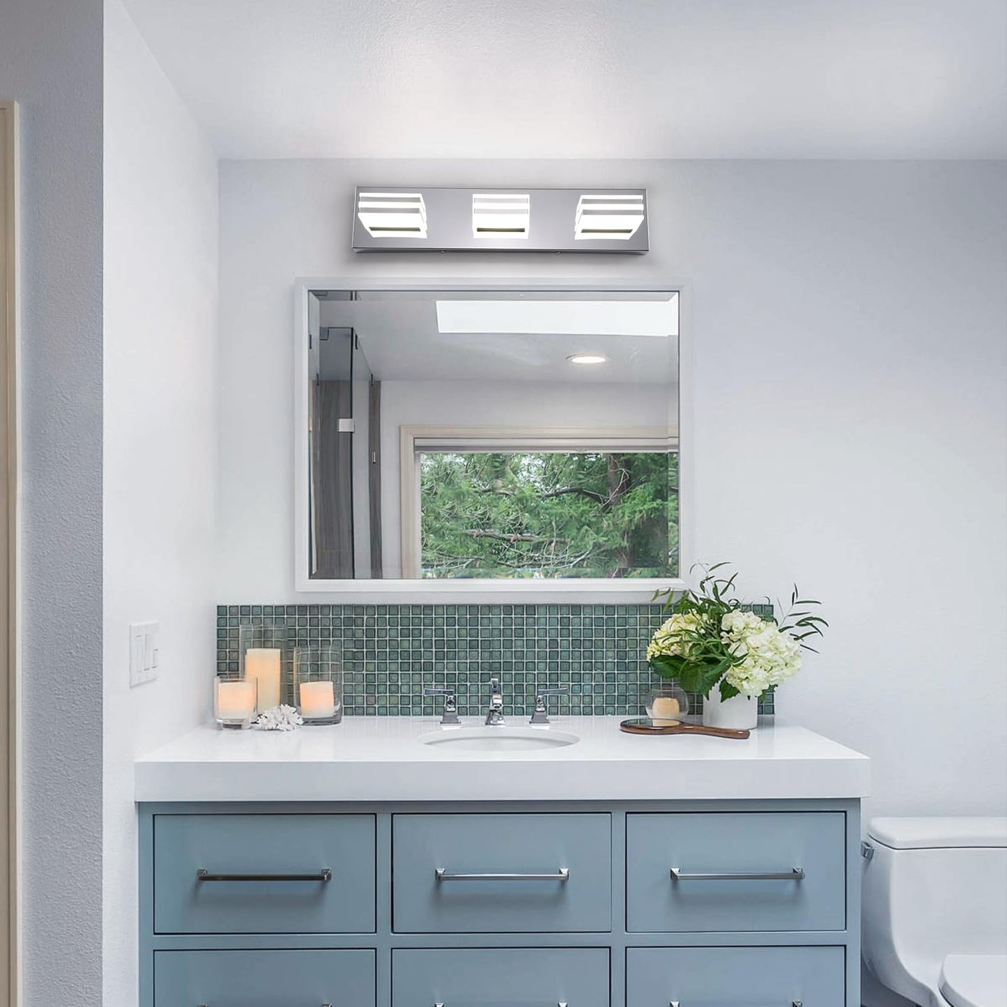 LED Vanity Light 20" for Bathroom, 3-Light Chrome Fixture, 18W Modern Mirror Lamp, 6000K Bright Wall Sconce