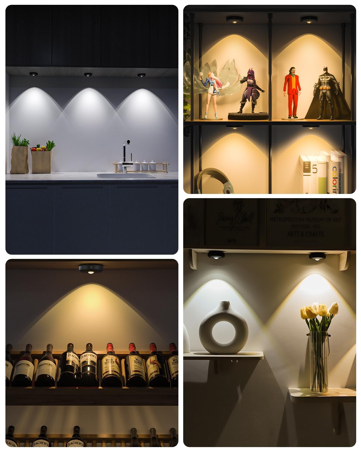 WILLED LED Puck Lights 6-Pack – Remote & Tap Control, Rechargeable 1200mAh, Dimmable Under Cabinet, Wireless Stick-On Closet Lights