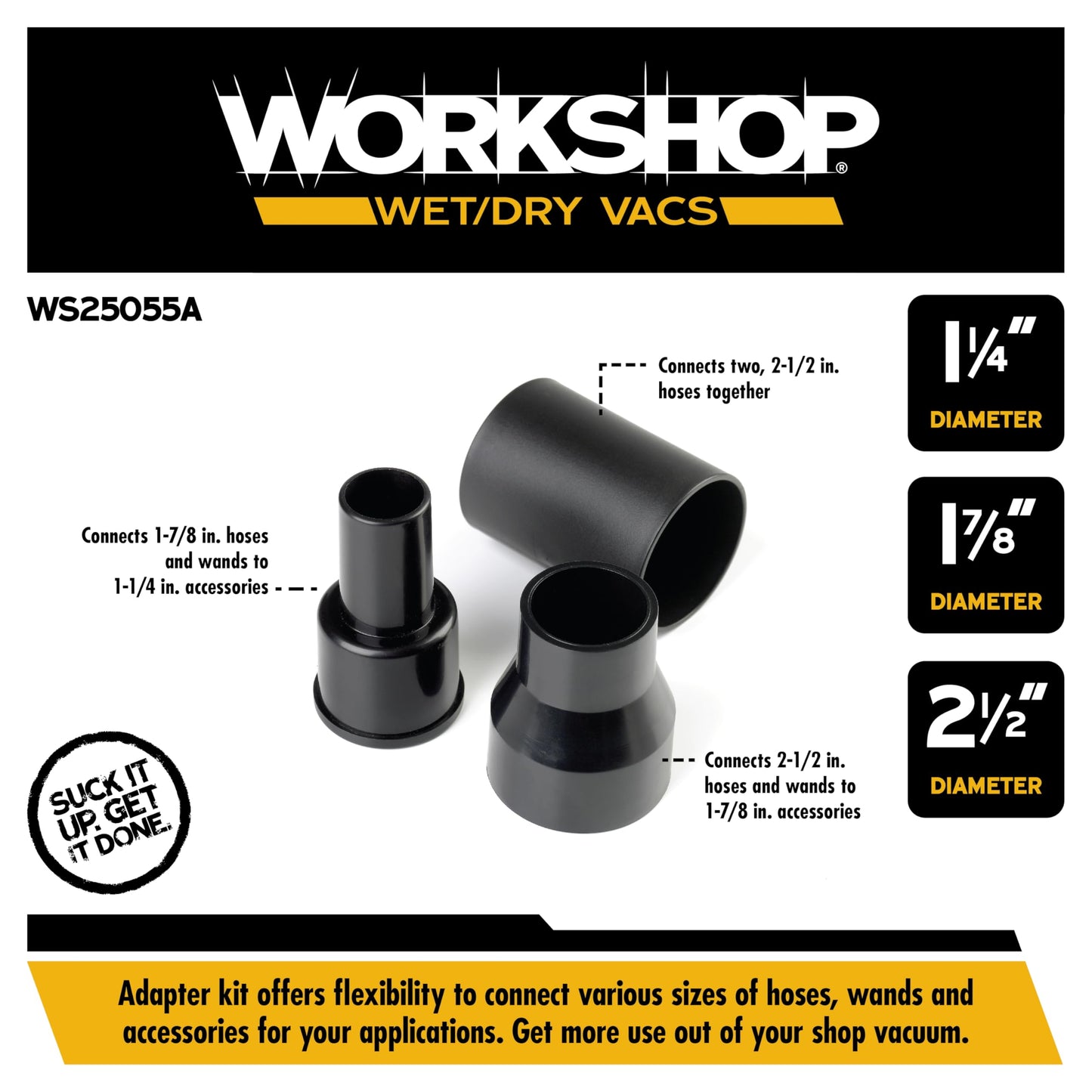 WORKSHOP WS25055A Wet/Dry Vacuum Accessory Adapter Kit, 3-Piece Set for Shop Vacs, Connect Hoses & Parts