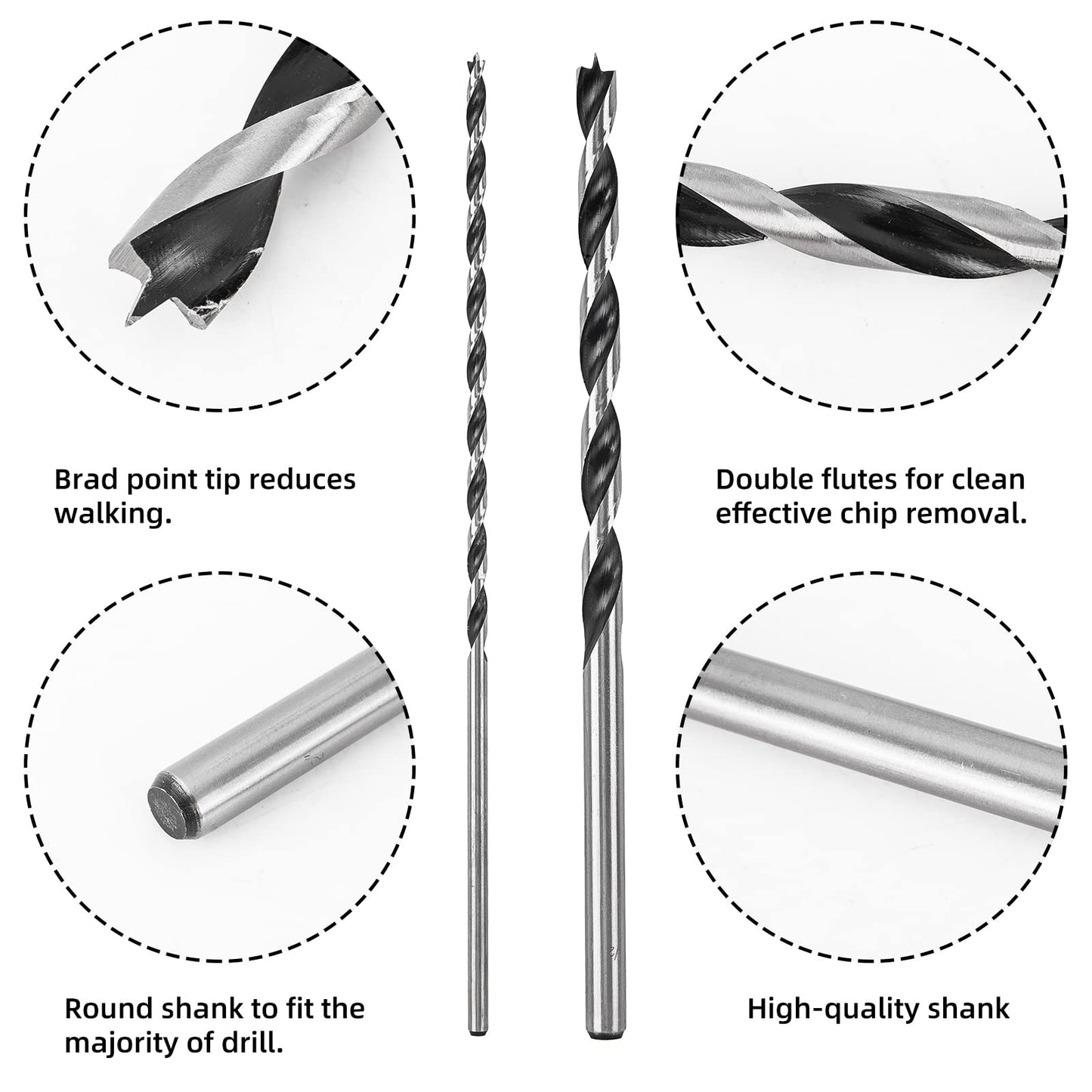 12-Pack Extra Long Brad Point Wood Drill Bits, 12" Length, 1/8"–1/2", Precision Splinter-Free Drilling with Storage Sleeve