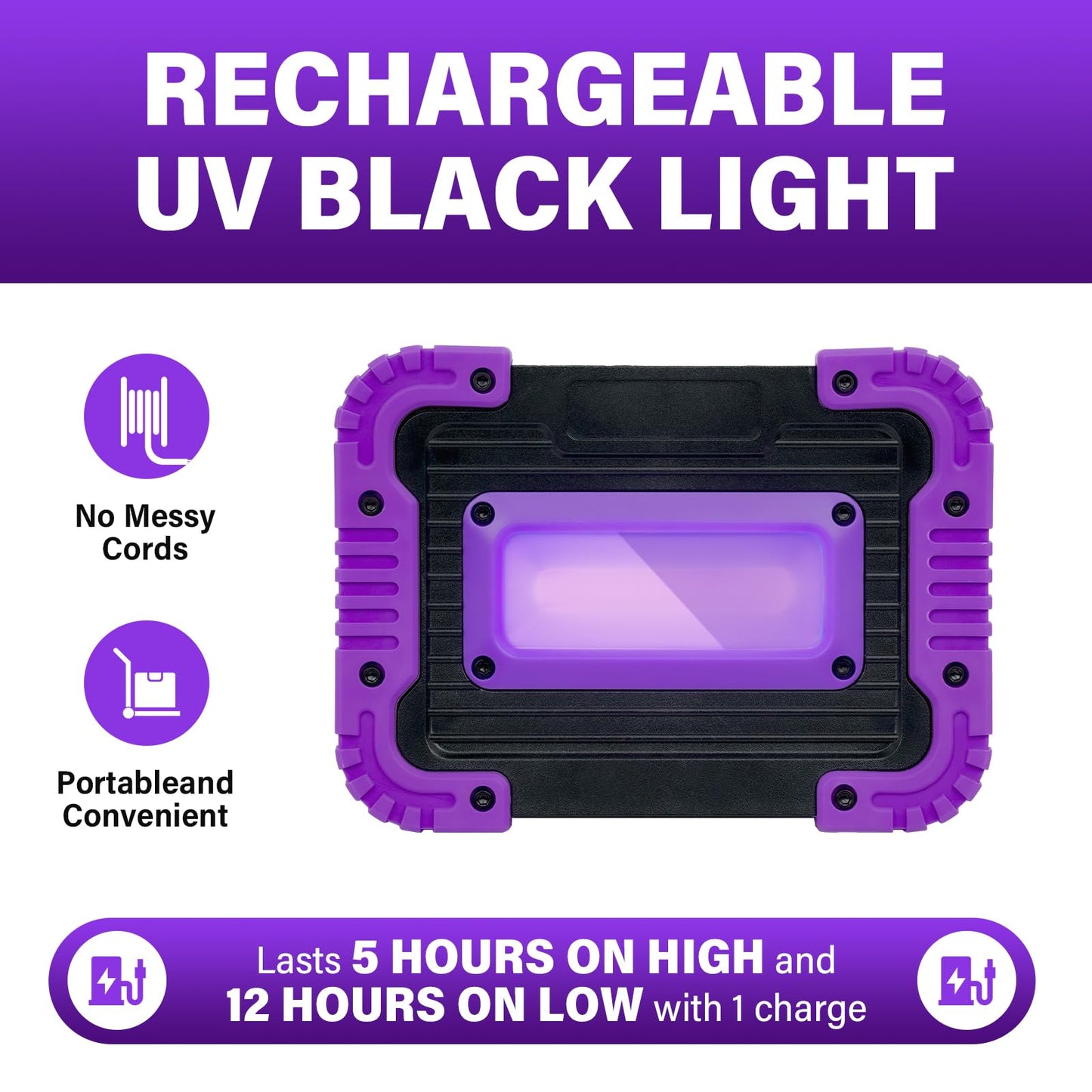 Rechargeable Black Light, Battery Powered Blacklight, Cordless 395nm Ultraviolet Flood Light for Neon Glow Party,Halloween,Body Painting,2 Packs