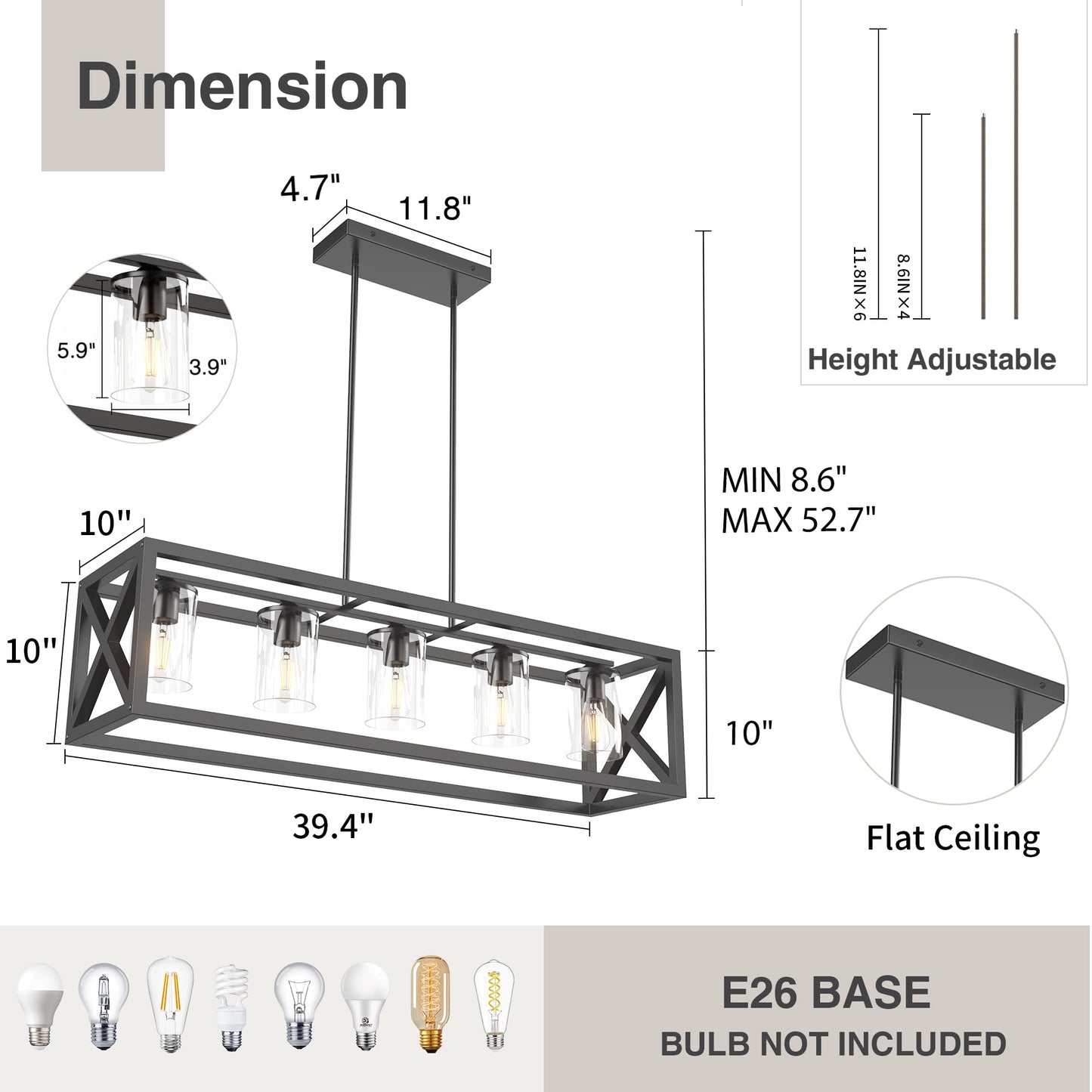 Espird Farmhouse 5-Light Dining Room Chandelier, Matte Black Rectangle Island Light, Adjustable Height Metal Fixture