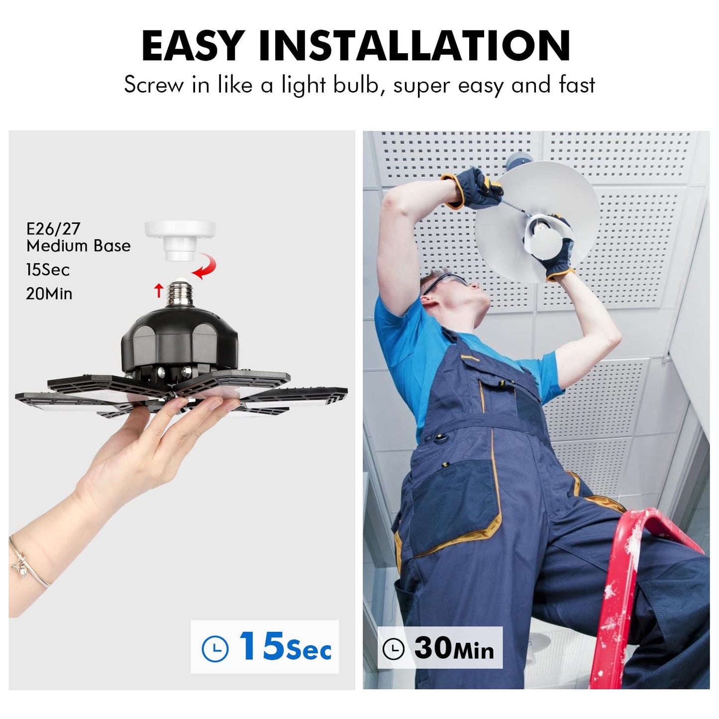 2 Pack 180W LED Garage Lights, 18000LM, 6 Adjustable Panels, Deformable Ceiling Shop Light Fixture, E26/E27 Ultra Bright for Workshop