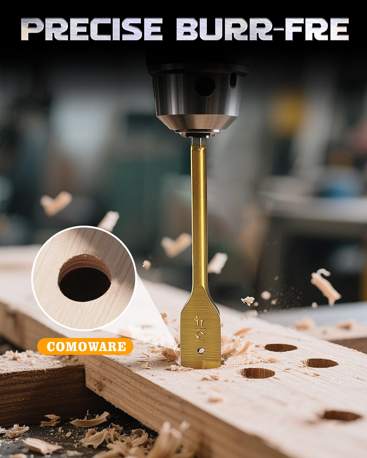 COMOWARE Spade Drill Bit Set- Paddle Flat Bits, Hole Cutter, Titanium Coating, Carbon Steel, Woodworking, 6-Pieces, 3/8"-1"