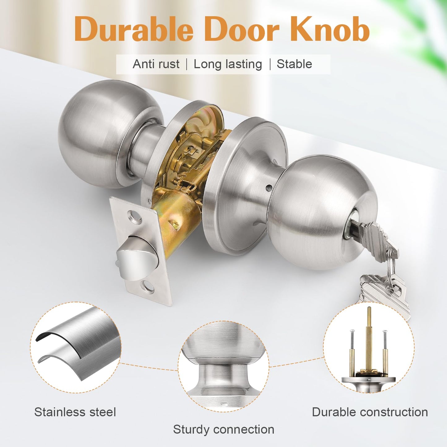Probrico Brushed Nickel One Keyway Ball Door Knobs Entry Lock with Keys, 3 Pack Keyed Alike Door Locksets, Interior Exterior Keyed Hardware