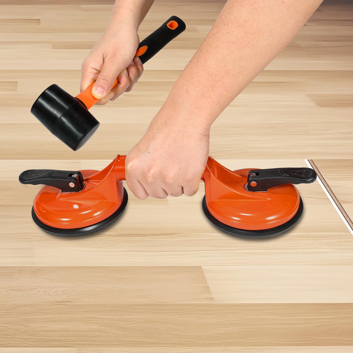 Floor Gap Fixer Tool for Laminate Floors – Plank Grabber with Aluminum Suction Cup, Fiberglass Handle & Rubber Mallet (Not for Scraped Floors)