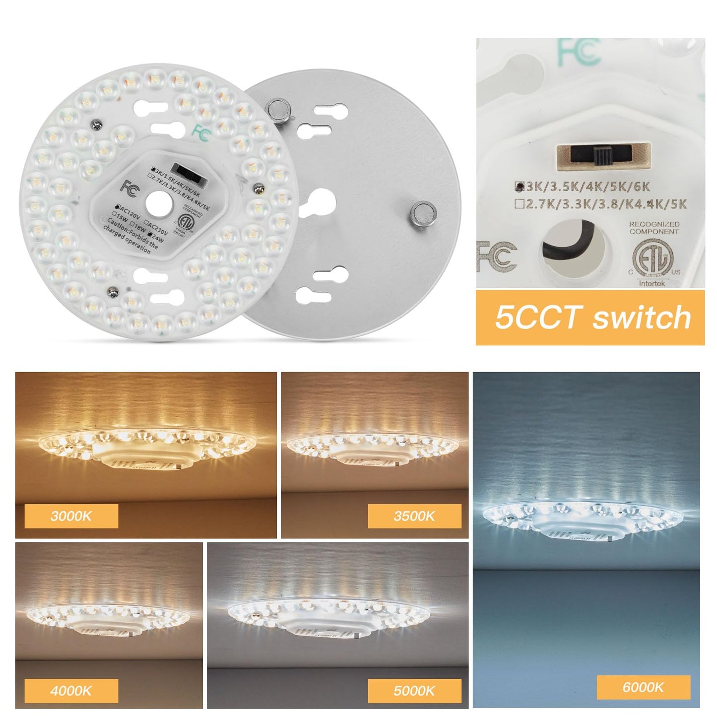 SHENGQINGTOP 5.12" LED Ceiling Fan Light Retrofit Kit, 24W 2200LM, 5CCT 3000K-6000K, Dimmable, CRI80, 120V Replacement PCB