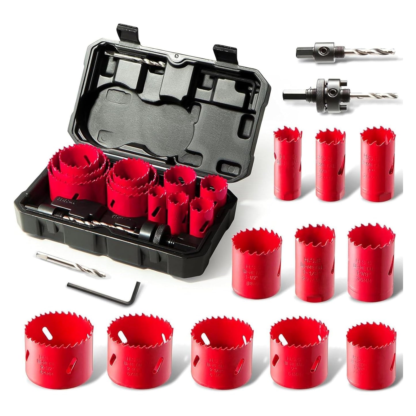 HYCHIKA 17-Pc Bi-Metal Hole Saw Kit, 3/4"–2-1/2", Includes Mandrels, Drill Bits for Metal, PVC, Plastic, Storage Case