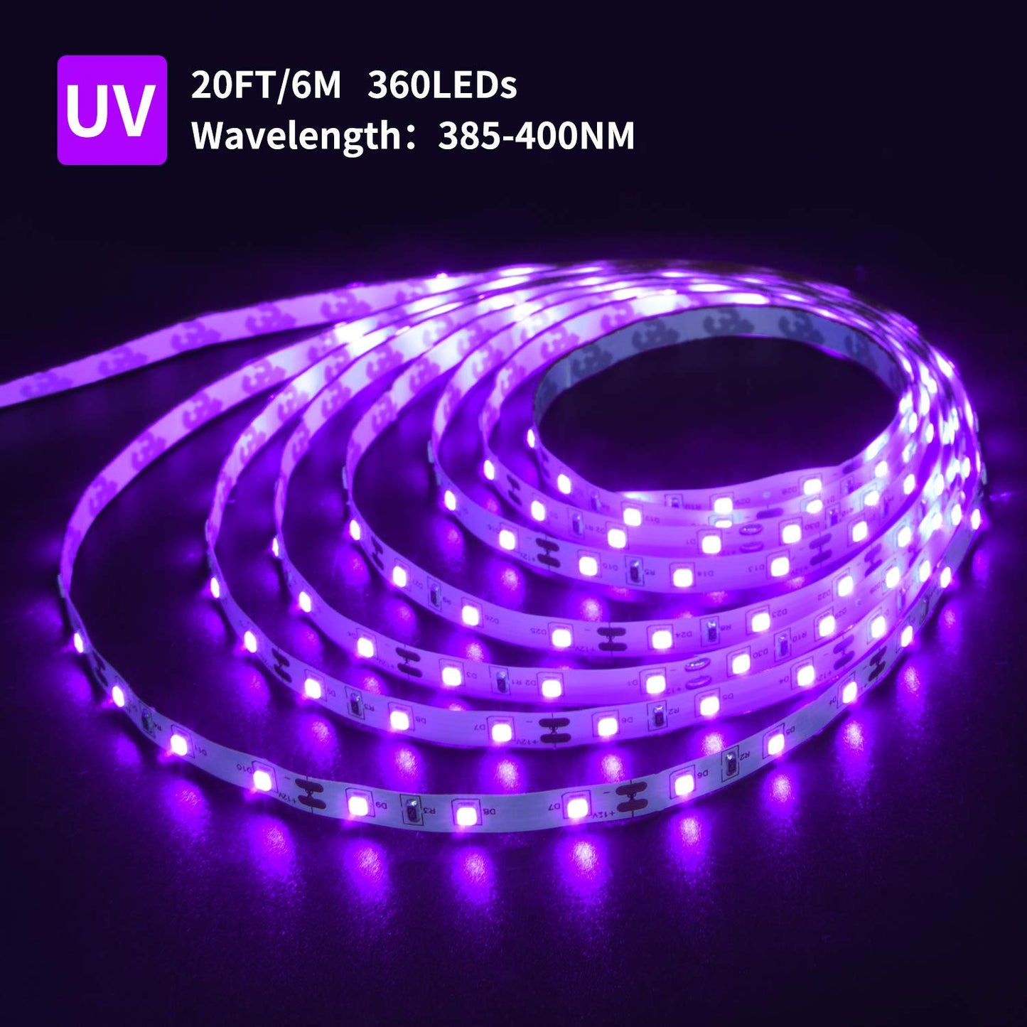 Ontesik 20ft LED Black Light Strip Kit, 360 LEDs, 12V Flexible UV Strip for Bedroom, Party, Wedding, Halloween & Dark Events