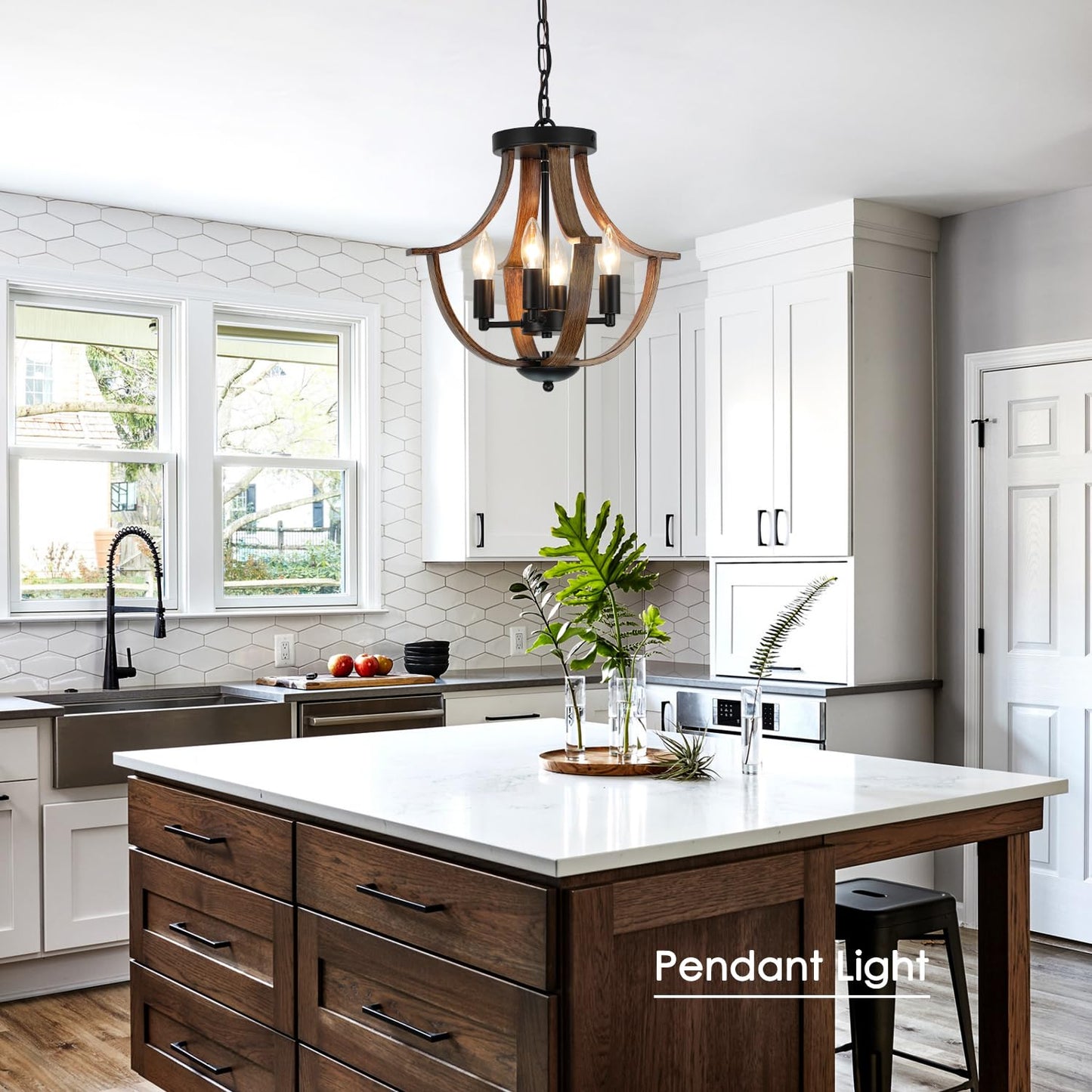 LAMPKEDUO Farmhouse Pendant Light, 4-Light Rustic Flush Mount Ceiling Fixture, Faux Wood Vintage Chandelier for Dining Room Kitchen