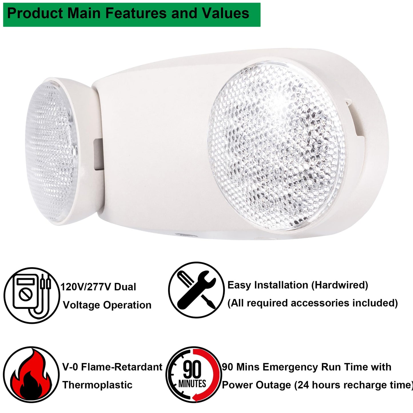 GRUENLICH LED Emergency Light, Exit Lighting Fixtures with 2 LED Bug Eye Heads and Back Up Batteries, UL 924 Qualified, 120/277 Voltage, 1-Pack