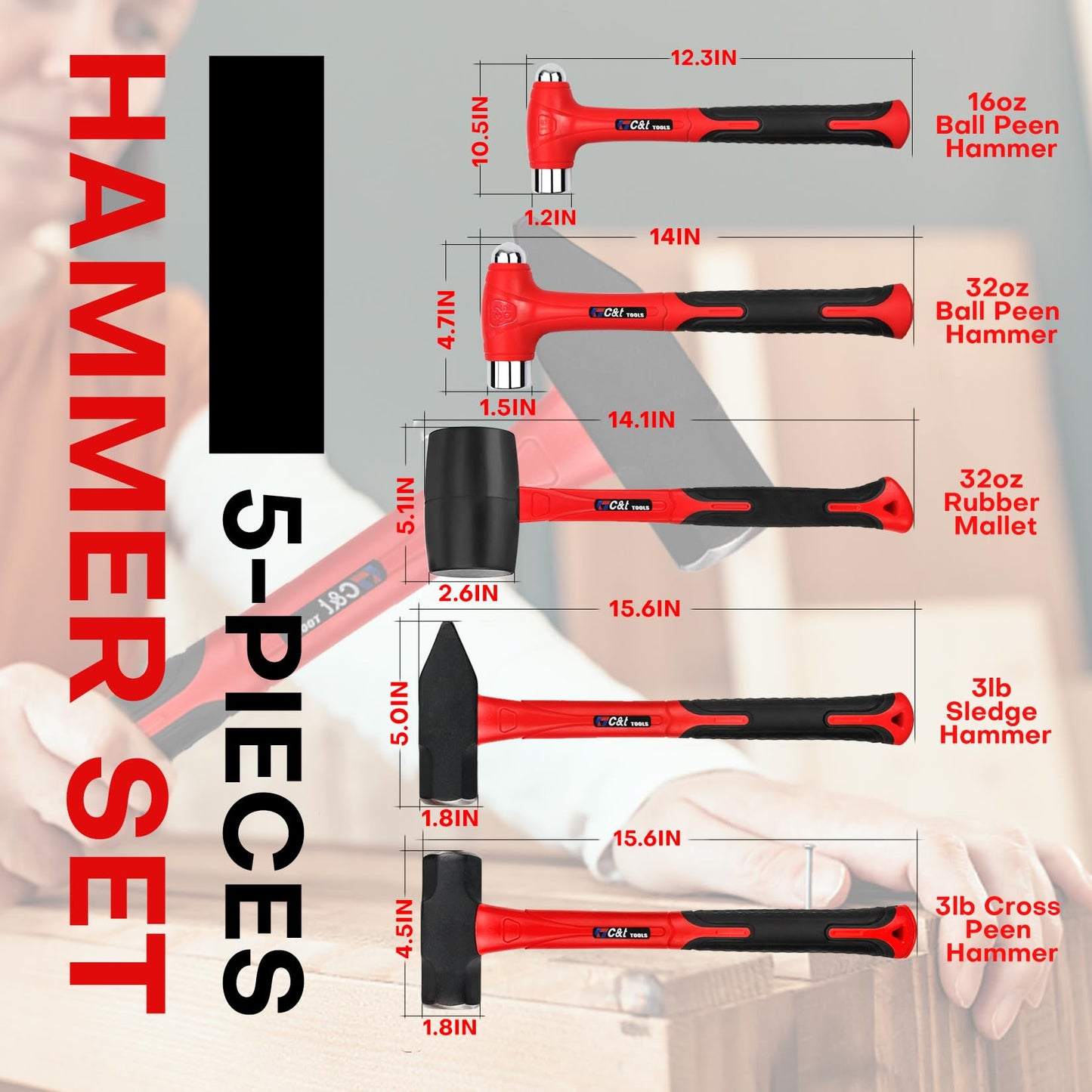C&T 5-Piece Hammer & Mallet Set – 16oz & 32oz Ball Peen, 32oz Rubber Mallet, 3lb Sledge & Cross Peen, Fiberglass Handles