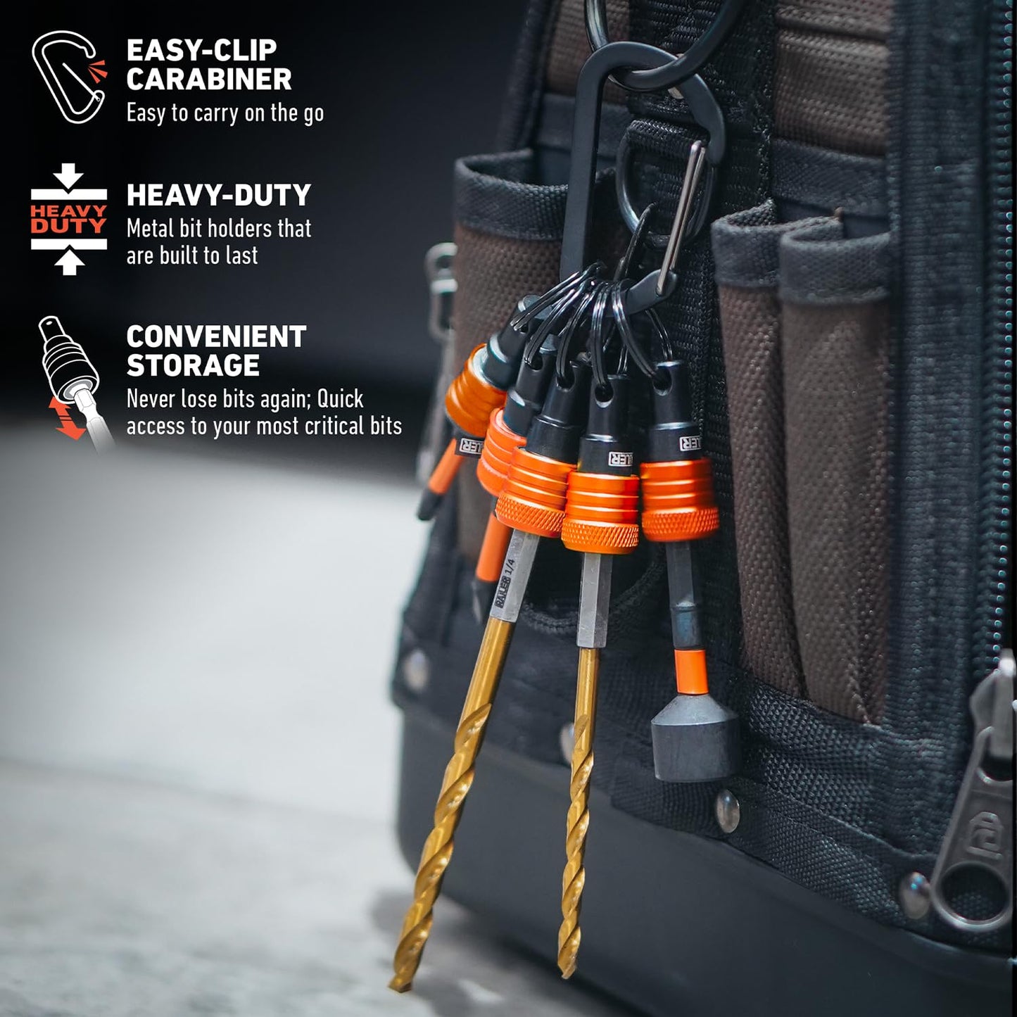 Railer 5pc 1/4" Hex Bit Holder Keychain - Quick Release Nut Driver, Screwdriver & Drill Bit Holders with Carabiner