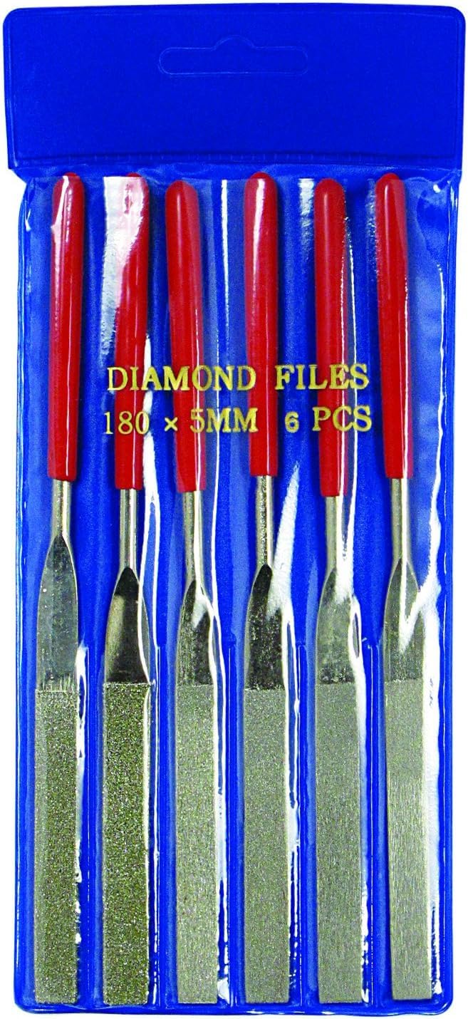 SE 74330DF 6-Piece Diamond Grit File Set, Multi-Grit Flat Files for Metal Glass Stone, 7″ Length, 2″ Diamond Surface, Round Handles, PVC Pouch