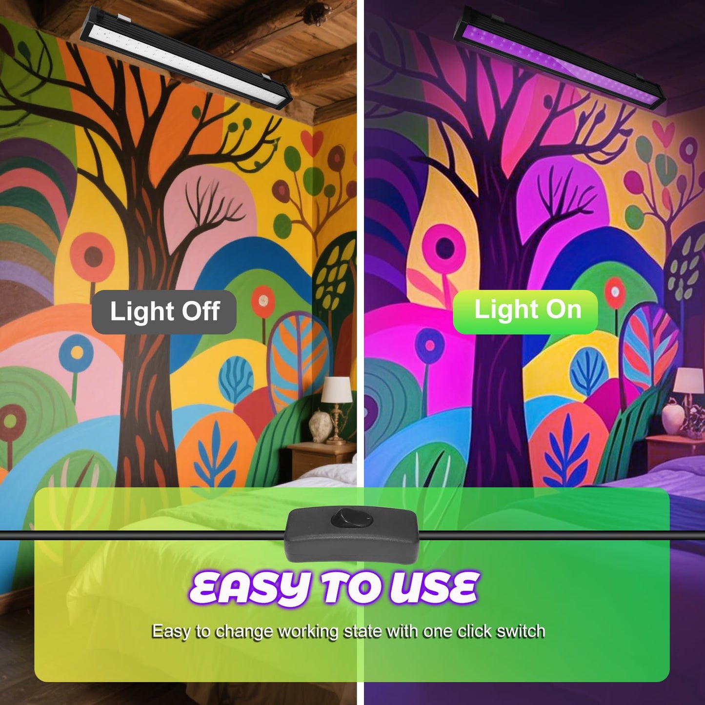 ycponggon 24W LED Black Light Bar, 1-Pack UV Blacklight for Halloween, Glow Parties, Body Paint, Bedroom, Game Room, Stage Lighting