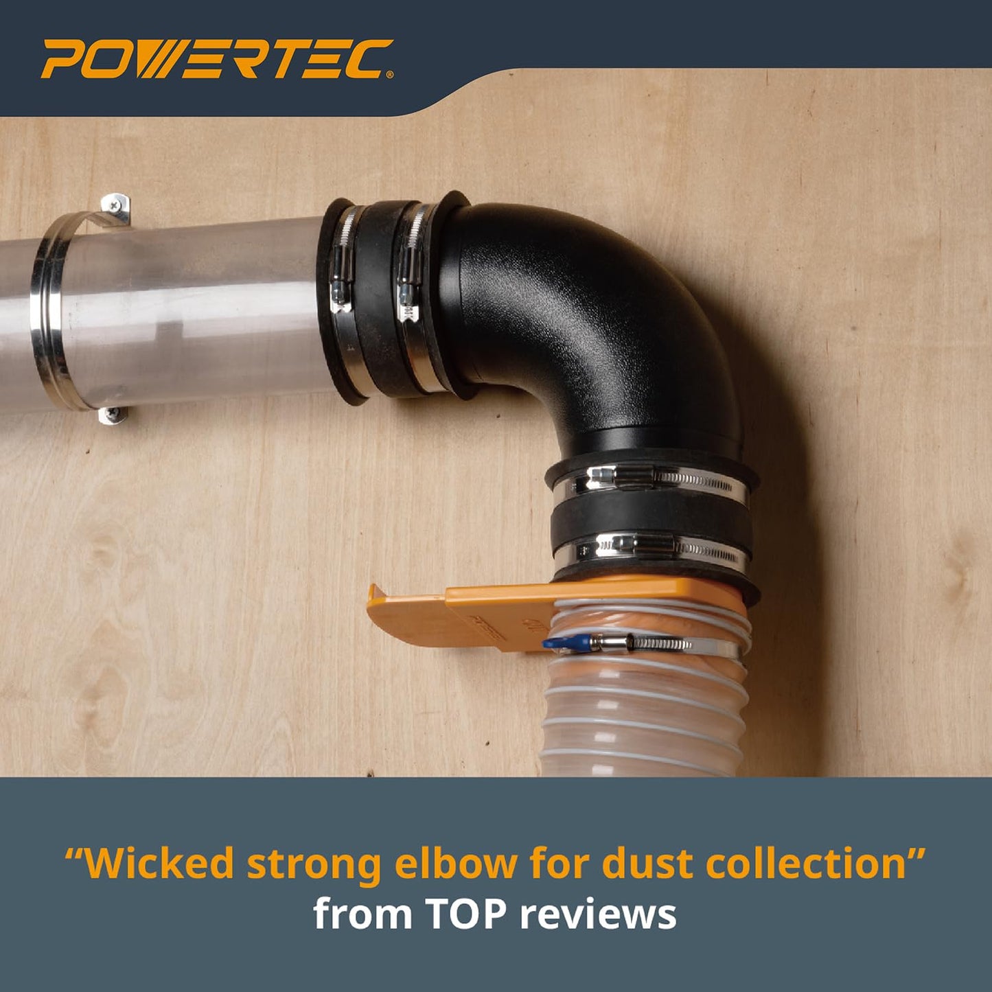 POWERTEC 70105 4" Elbow Dust Hose Connector, Black, 4", 90 Degree Elbow