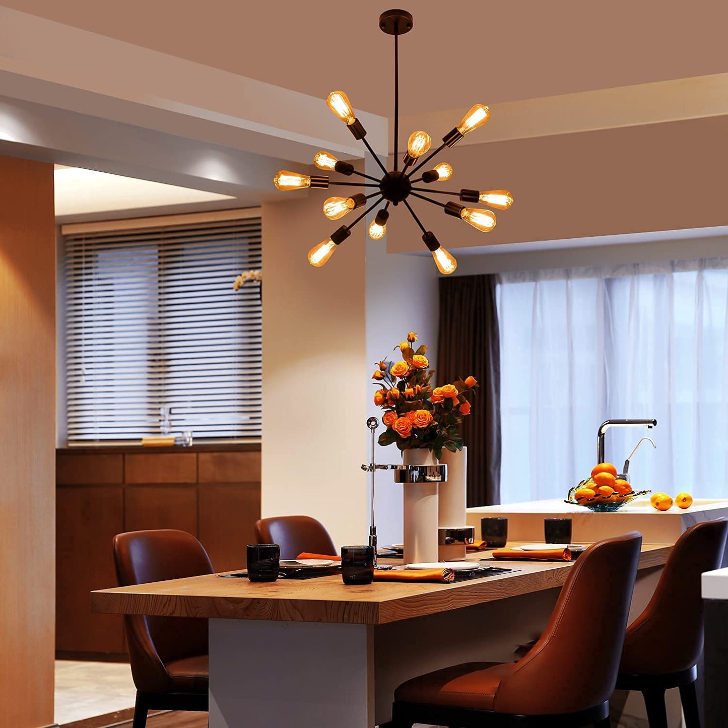 LIGHTDAMY Sputnik Chandelier Black 12-Light, Modern Mid-Century Industrial Pendant Ceiling Light for Living Room, Dining, Bedroom