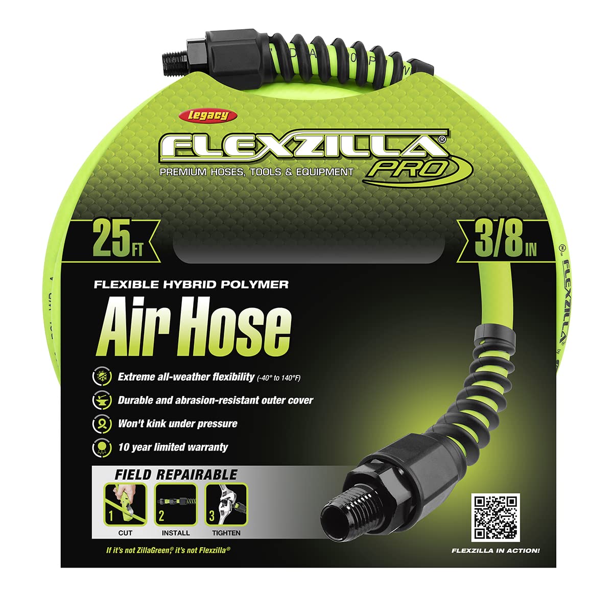 Flexzilla Pro Air Hose, 3/8 in. x 25 ft., Heavy Duty, Lightweight, Hybrid, ZillaGreen - HFZP3825YW2