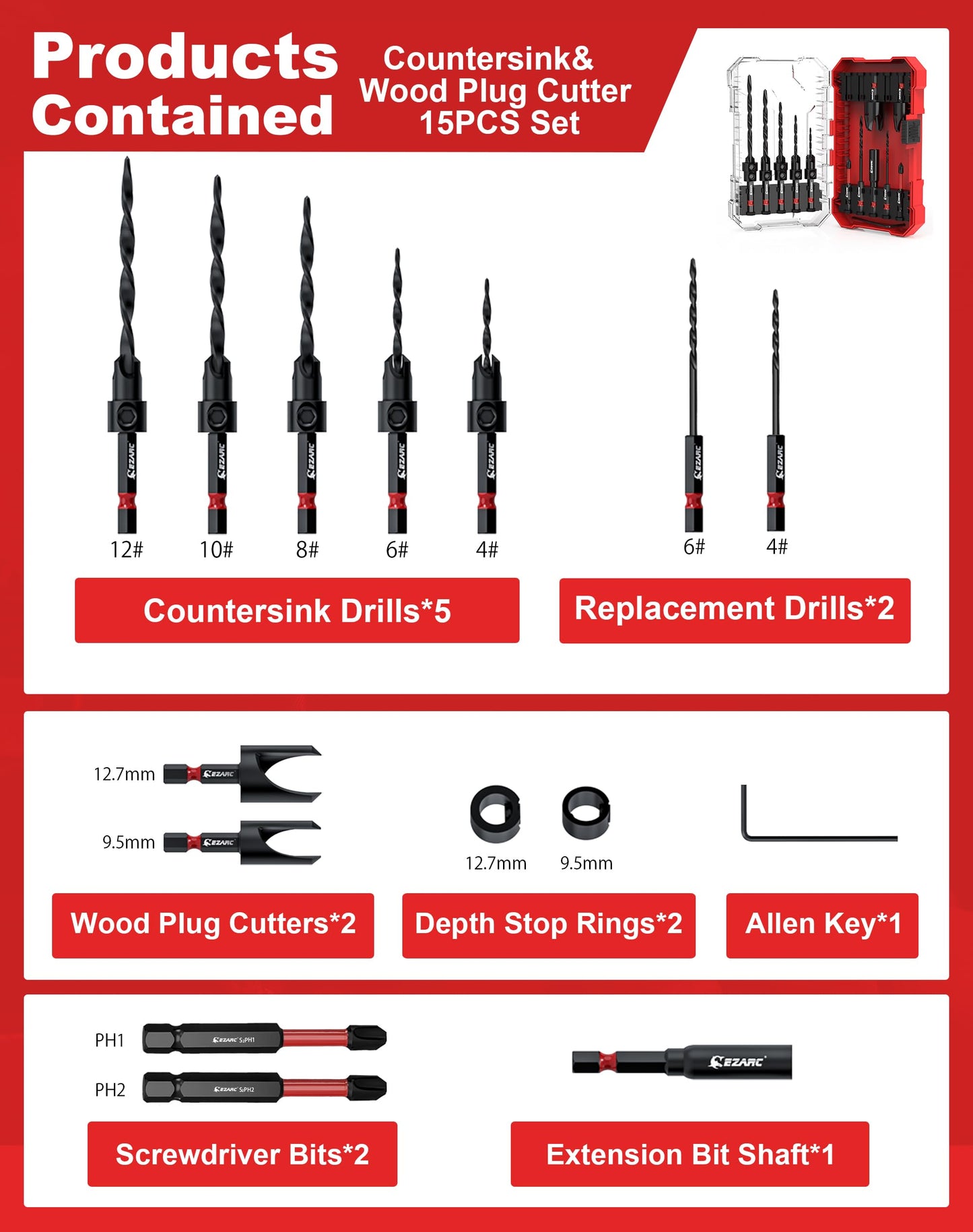 EZARC 15-Piece Countersink Drill Bit Set, Tapered Bits with 2 Wood Plug Cutters, 1/4" Hex Shank Quick Change, Woodworking Kit with Storage Box