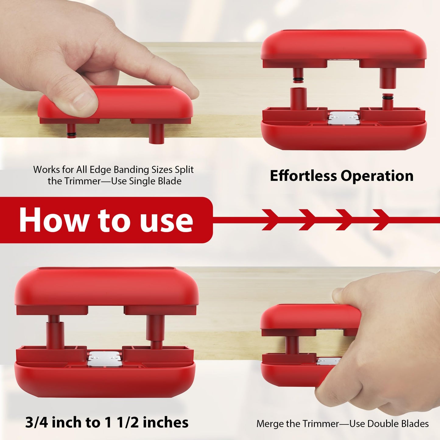 Inseknm Edge Banding Trimmer with Tungsten Carbide Blades, Manual Woodworking Edge Cutter for ABS, PVC, Veneer & Melamine – Red
