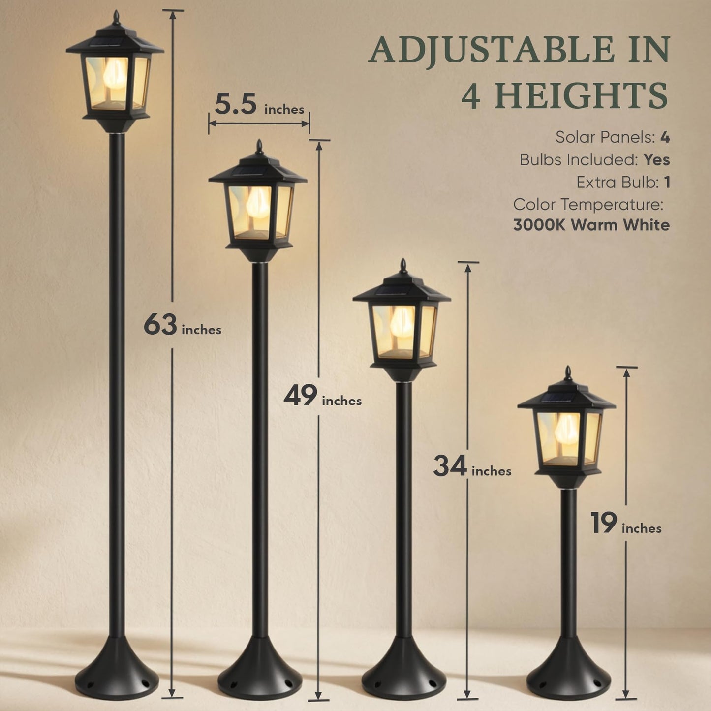 PASAMIC Outdoor Solar Post Lights, 2-Pack 63" Dusk to Dawn Lamp Posts, Waterproof Warm White Patio Floor Lamps with Replaceable Bulb