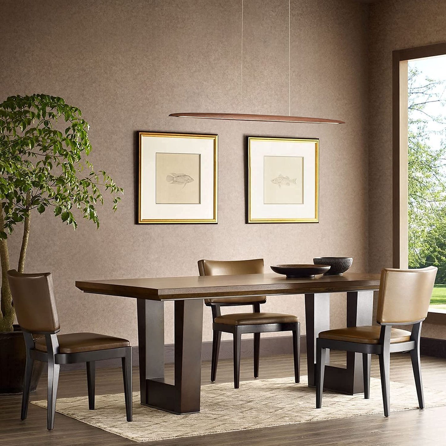 **YISDESIGN 39" Wood Linear LED Pendant Light, Dimmable 24W Hanging Island Fixture for Dining Room, Kitchen, Bar, Walnut Finish**