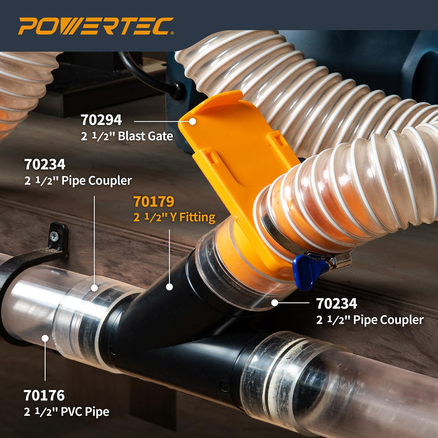 POWERTEC 2-1/2 Inch Y Fitting for 2 1/2 Inch Hose, 2 1/2 Inch Hose Connector Fittings for Dust Collection System, 1 pack (70179V)