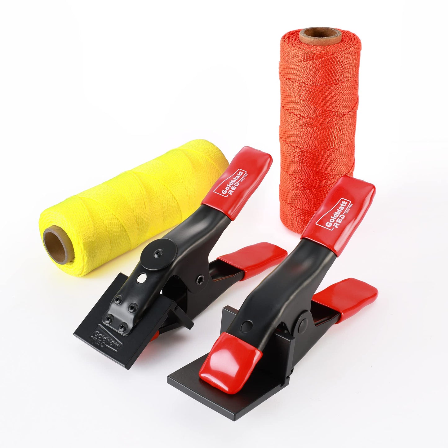 Goldblatt 4-Piece Mason Line Clamp & String Set with Red & Orange Nylon Twine Rolls, Concrete & Masonry Measurement Tools