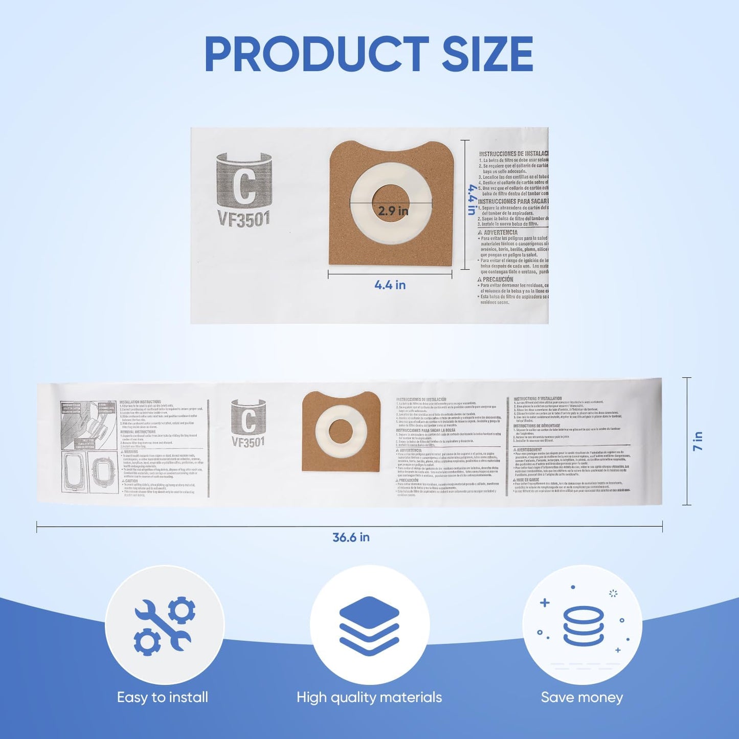 12 Pack 23738 VF3501 Size C Filter Bags Compatible with RIDGID 3-4.5 Gallon Wet Dry Vacuum,High-Efficiency Dust Collection Bags