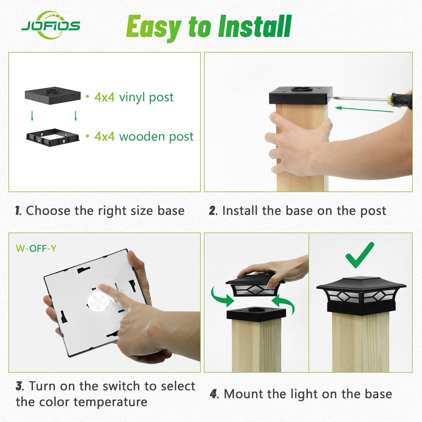 JOFIOS 12-Pack Solar Post Cap Lights for 4x4 Wood/Vinyl Posts, Waterproof LED Outdoor Deck, Fence, Patio, Garden with Cool & Warm Light