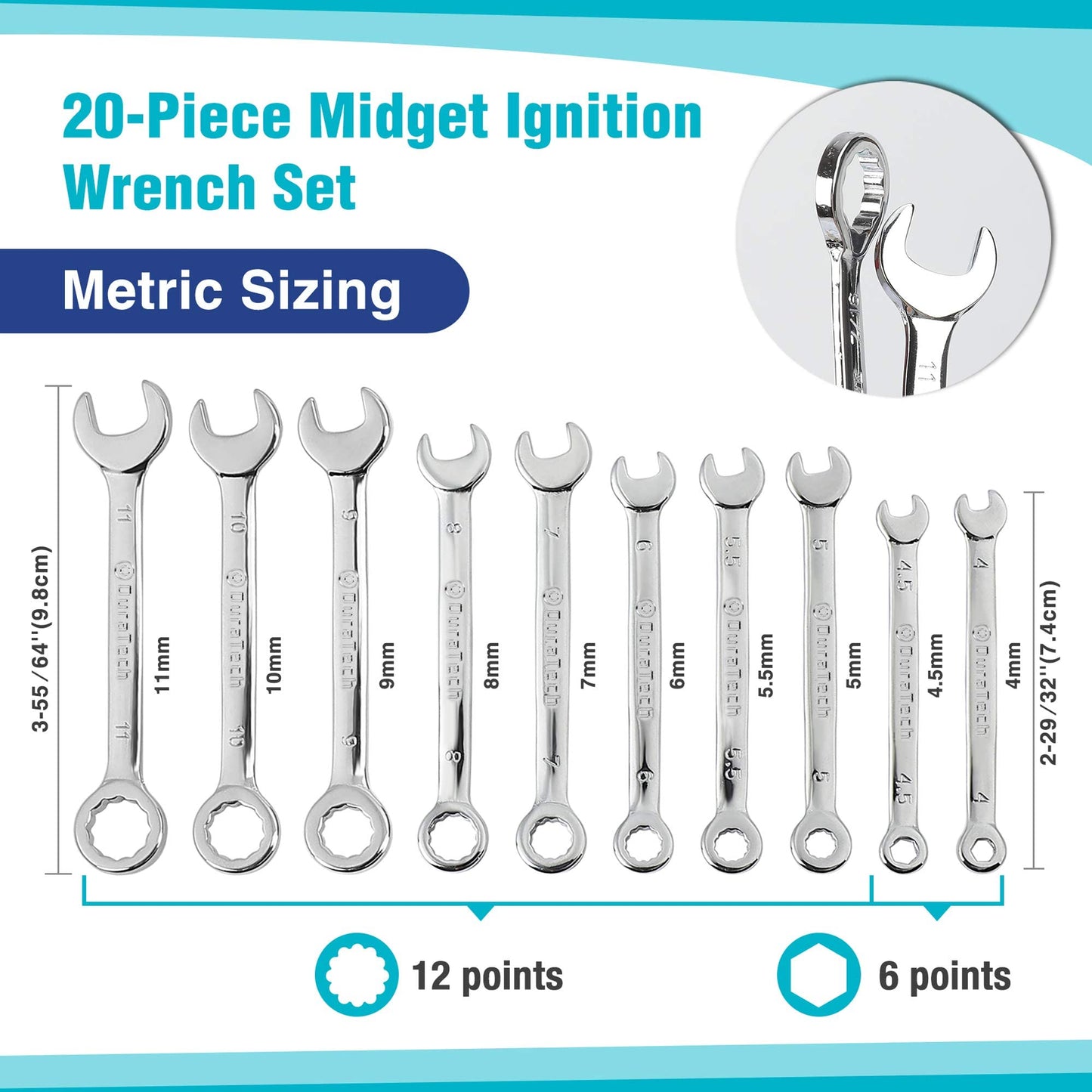 DURATECH Mini Wrench Set, Midget Combination Wrench Set, 20-Piece, Metric & SAE, 4-11mm & 5/32" - 7/16", Lightweight, with Rolling Pouch