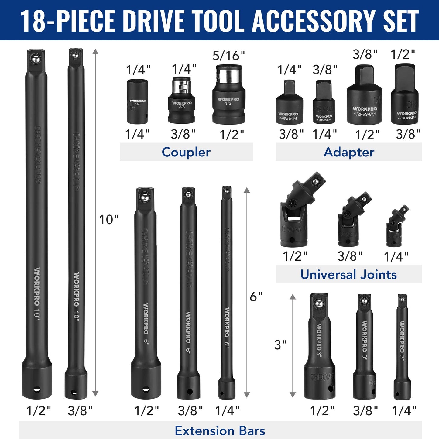 WORKPRO 18-Piece Impact Socket Extension Set with Adapters, Ratchet Extensions, Swivel Joints & Coupler, 1/4", 3/8" & 1/2" Drive